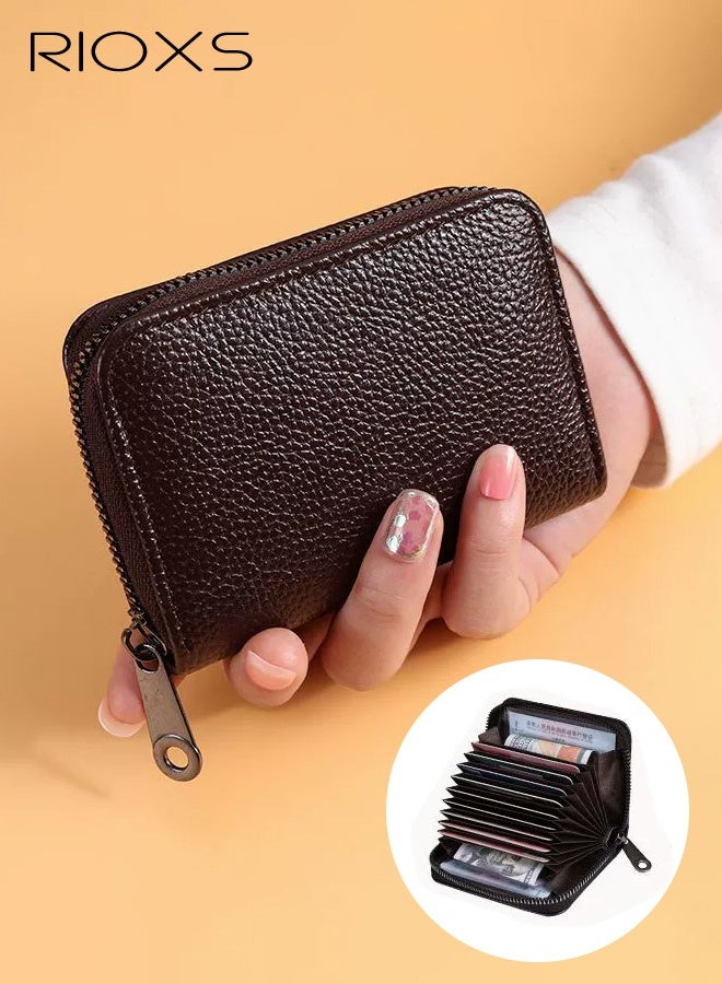 ريوكس محفظة رفيعة للغاية متعددة الوظائف للجنسين مع حماية RFID وفتحات متعددة للبطاقات وجيب للنقود المعدنية وحامل بطاقات صغير الحجم مع 9 فتحات للبطاقات وفواصل، جلد بني محبب - إكسسوار أساسي للاستخدام اليومي، 11*8*2 سم - Image 1